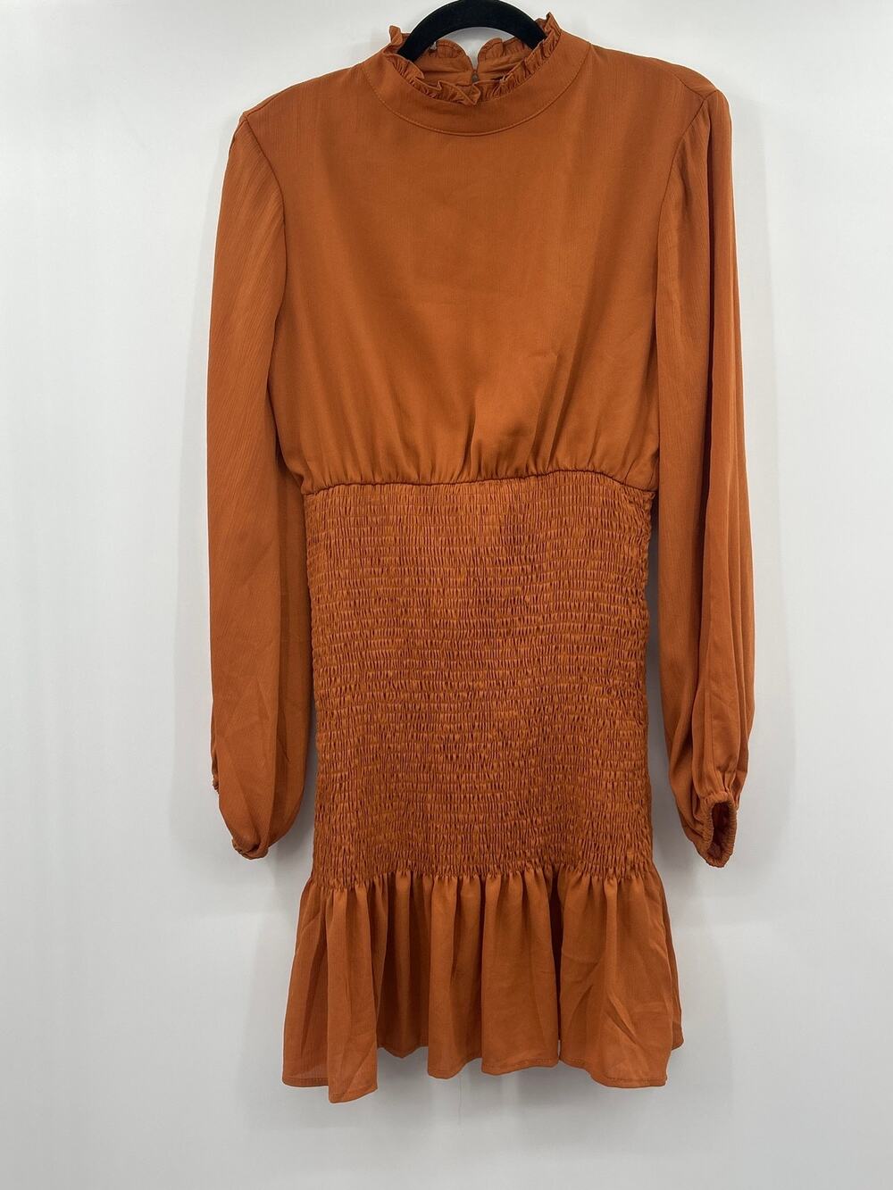 HYFVE Rust Orange Smocked Mini Dress Ruffle Neck Long Sleeve NWT Size L Fall